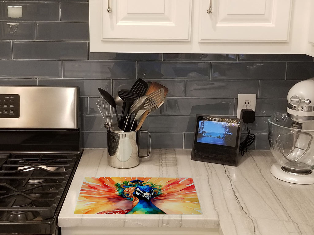 Peacock Front View Dramatic Color Cutting Board Tempered Glass Kitchen Cutting Surface, Heat Resistant Chopping, Non-Slip Feet, Food Prep & Serving