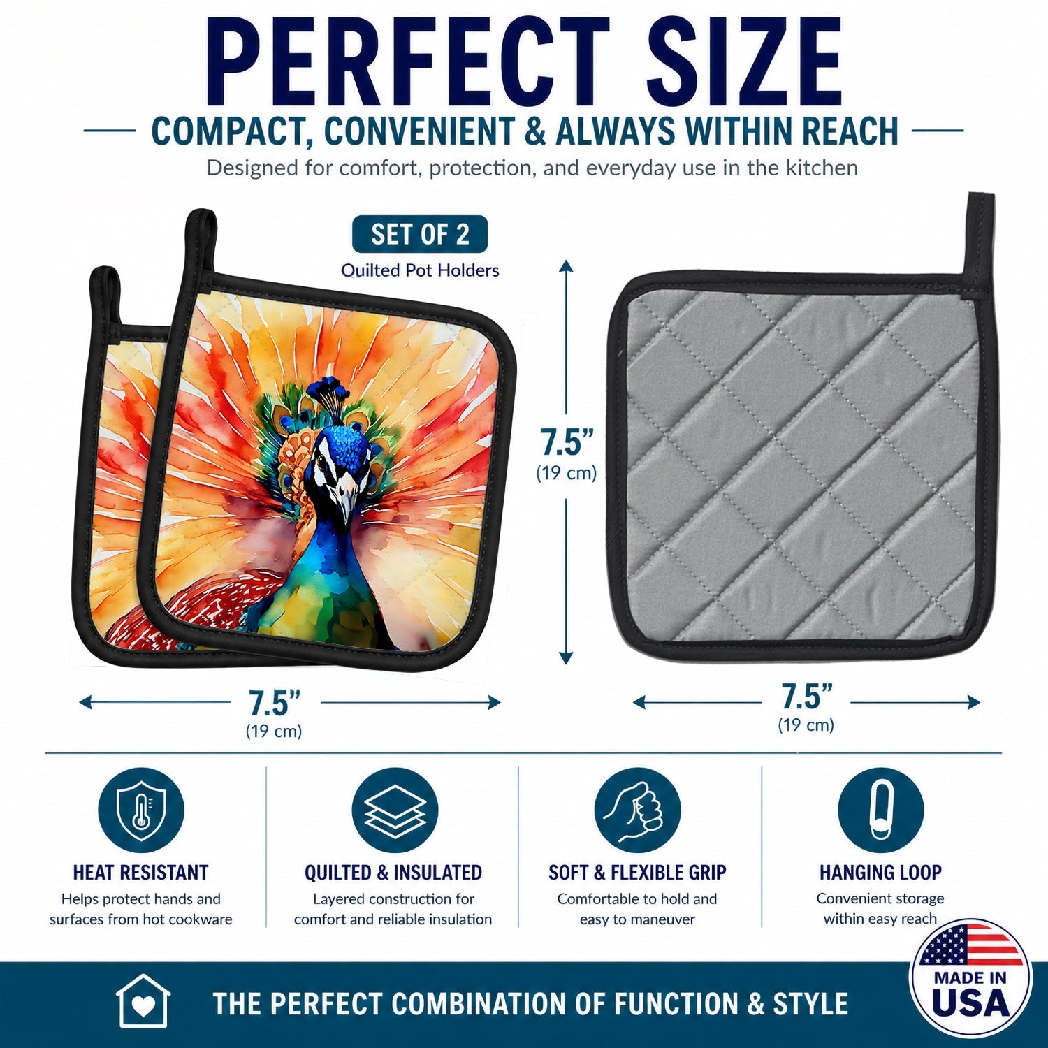 Peacock Front View Dramatic Color Pot Holder Set of 2 Heat Resistant Quilted Hot Pads 7.5 x 7.5 Inch, Insulated Kitchen Trivets for Cooking & Baking
