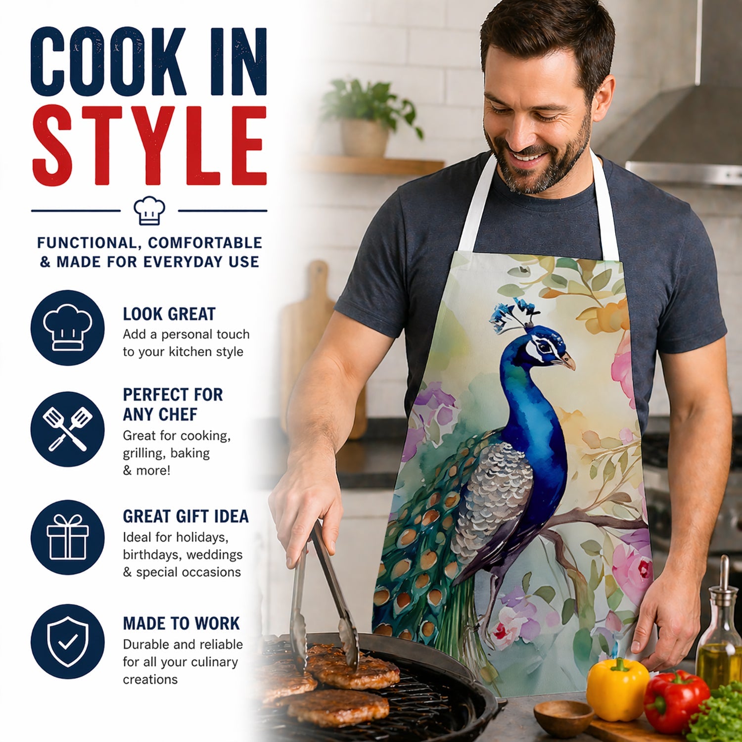 Peacock with Floral Background Apron Cooking Kitchen Server Baking Crafts Gardening for Adult Women Men, Unisex, Large, Multicolor