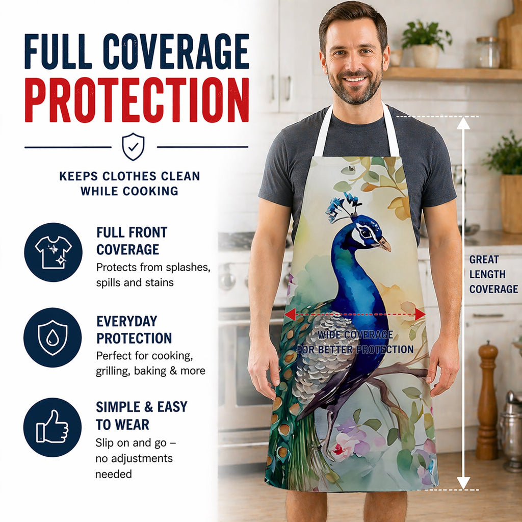 Peacock with Floral Background Apron Cooking Kitchen Server Baking Crafts Gardening for Adult Women Men, Unisex, Large, Multicolor