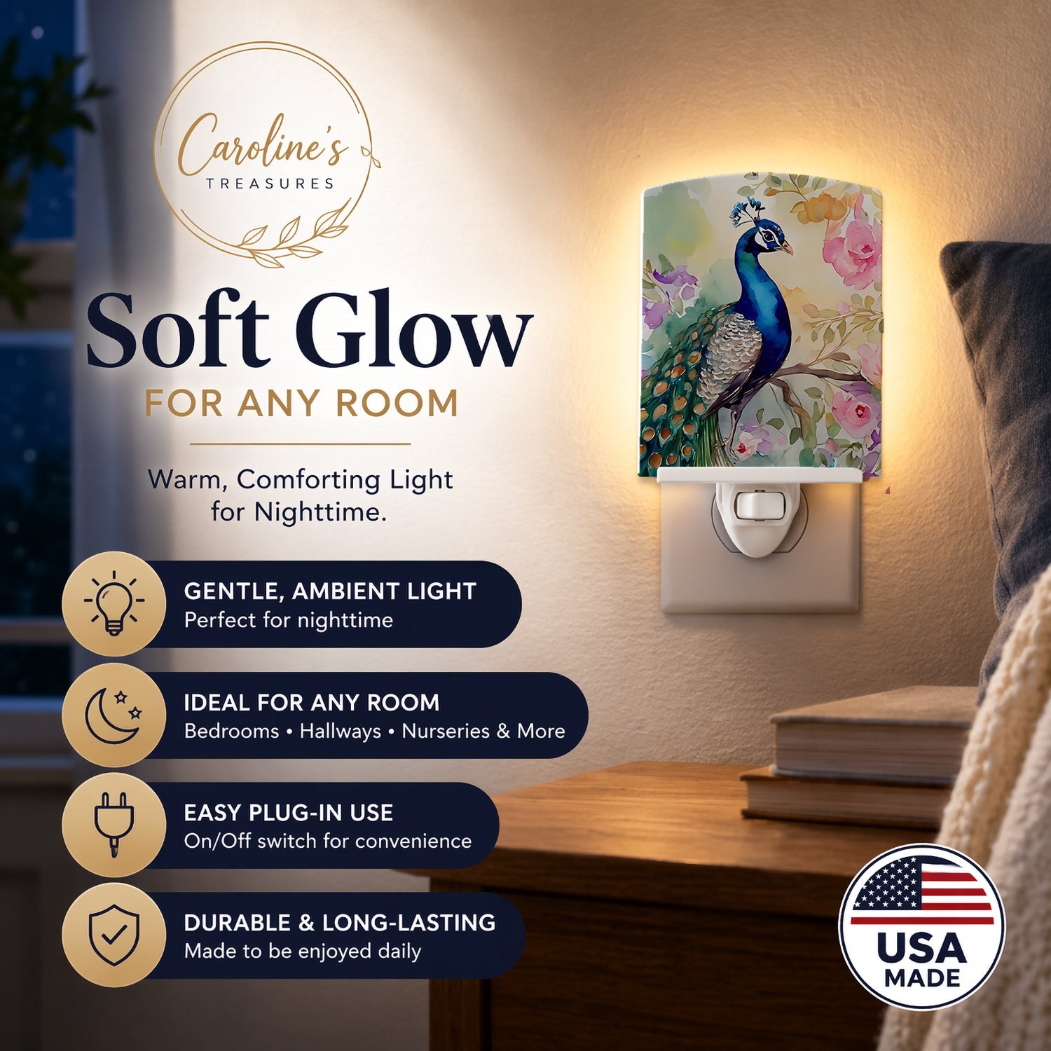 Peacock with Floral Background Ceramic Night Light Compact, UL-Certified, Ideal for Bedroom, Bathroom, Nursery, Hallway, Kitchen, 6x4x3, Multicolor