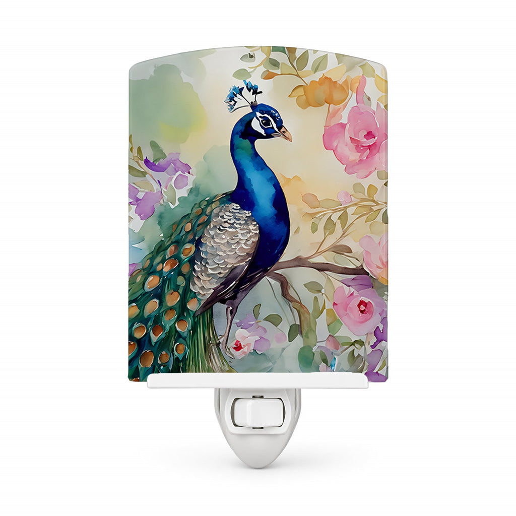 Peacock with Floral Background Ceramic Night Light Compact, UL-Certified, Ideal for Bedroom, Bathroom, Nursery, Hallway, Kitchen, 6x4x3, Multicolor