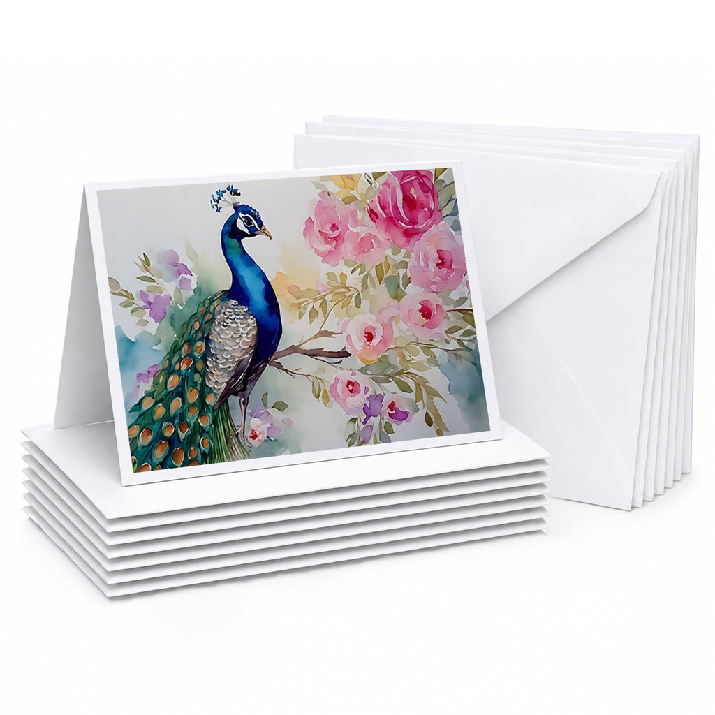 Peacock with Floral Background Greeting Cards Pack of 8 Blank Cards with Envelopes Whimsical A7 Size 5x7