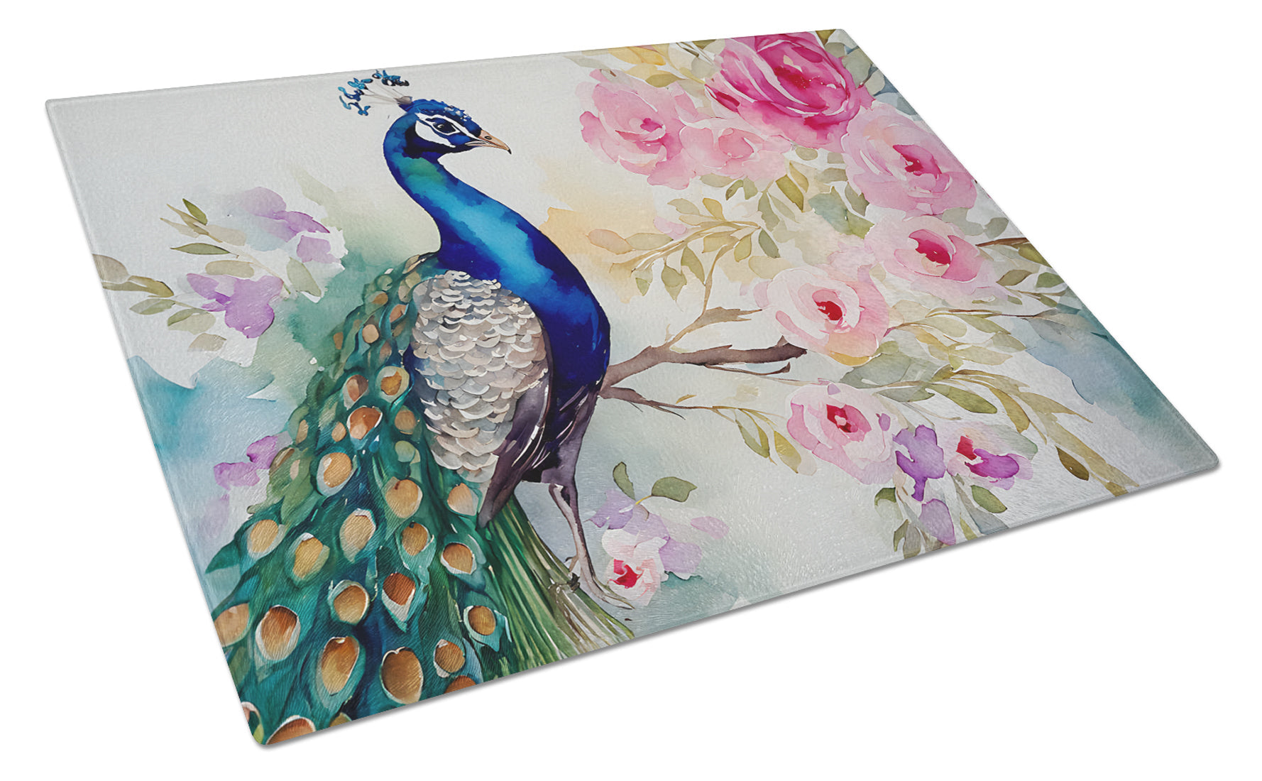 Peacock with Floral Background Cutting Board Tempered Glass Kitchen Cutting Surface, Heat Resistant Chopping, Non-Slip Feet, Food Prep & Serving