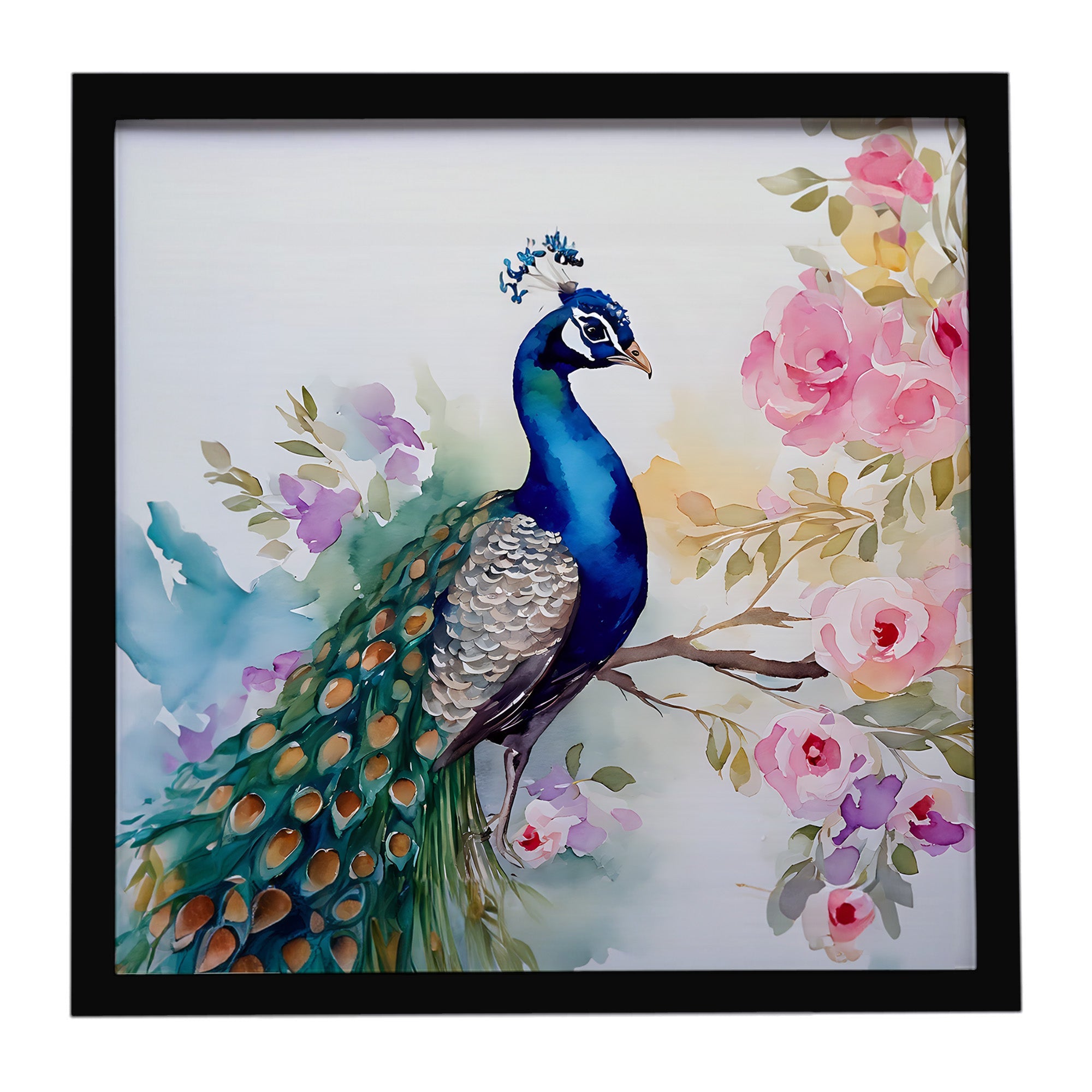 Peacock with Floral Background Framed Metal Print Bathroom, Kitchen, Office, Home Decor Wall Art Ready to Hang, Square, 8X8