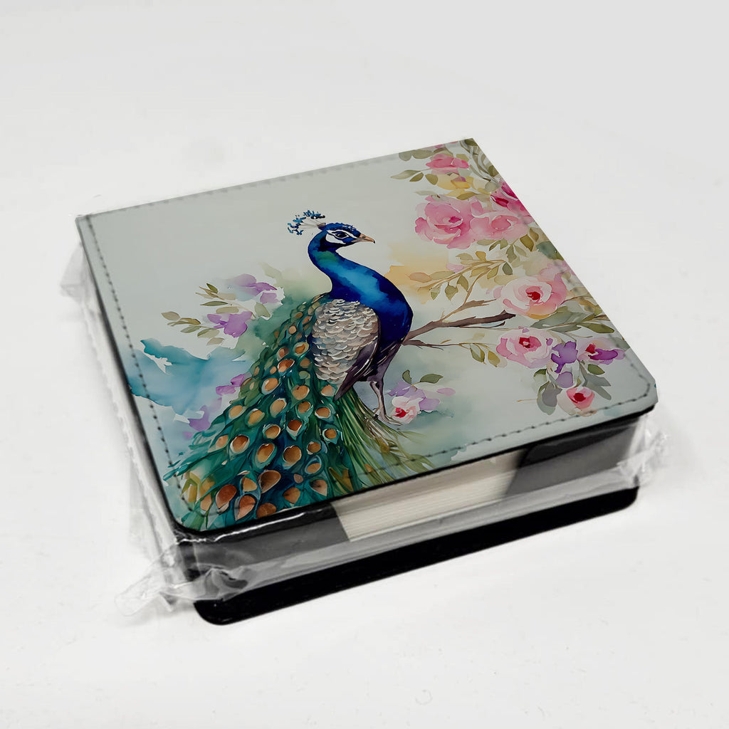 Peacock with Floral Background PU Leather Note Paper Holder with Artist-Designed Cover, Desk Accessory, Office Gift