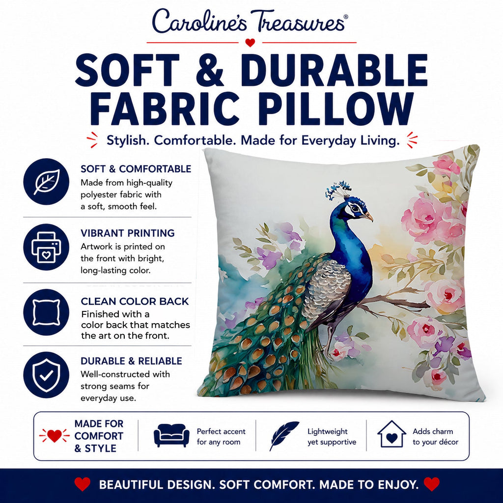 Peacock with Floral Background Decorative Throw Pillow 18x18 Indoor Outdoor Accent Cushion, Fabric Cover with Insert for Sofa, Bed, Porch & Living Room