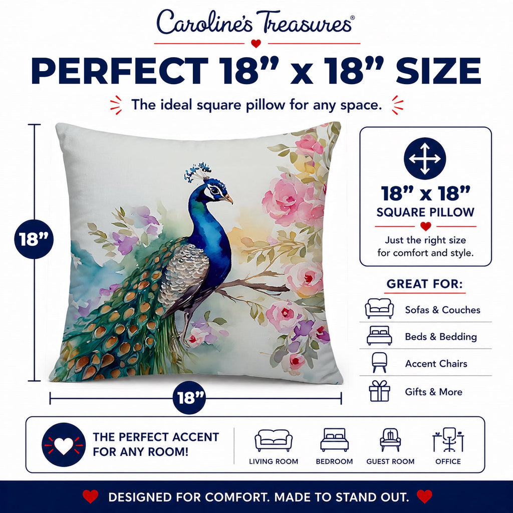 Peacock with Floral Background Decorative Throw Pillow 18x18 Indoor Outdoor Accent Cushion, Fabric Cover with Insert for Sofa, Bed, Porch & Living Room