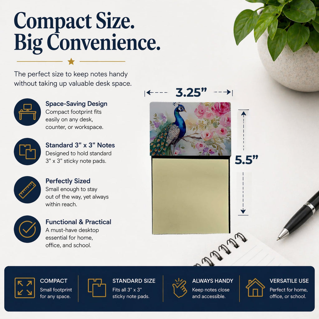Peacock with Floral Background Watercolor Sticky Note Holder Refillable Dispenser Desk Accessory 3x3 Pad Gift
