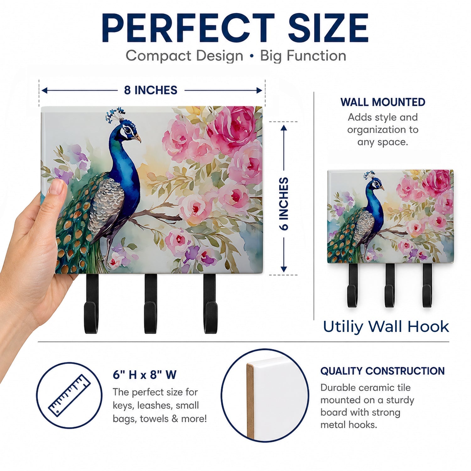 Peacock with Floral Background Leash or Key Holder Wall Hooks, Coat Rack Wall Mount, for Hanging Keys, Towels, Aprons, Leashes