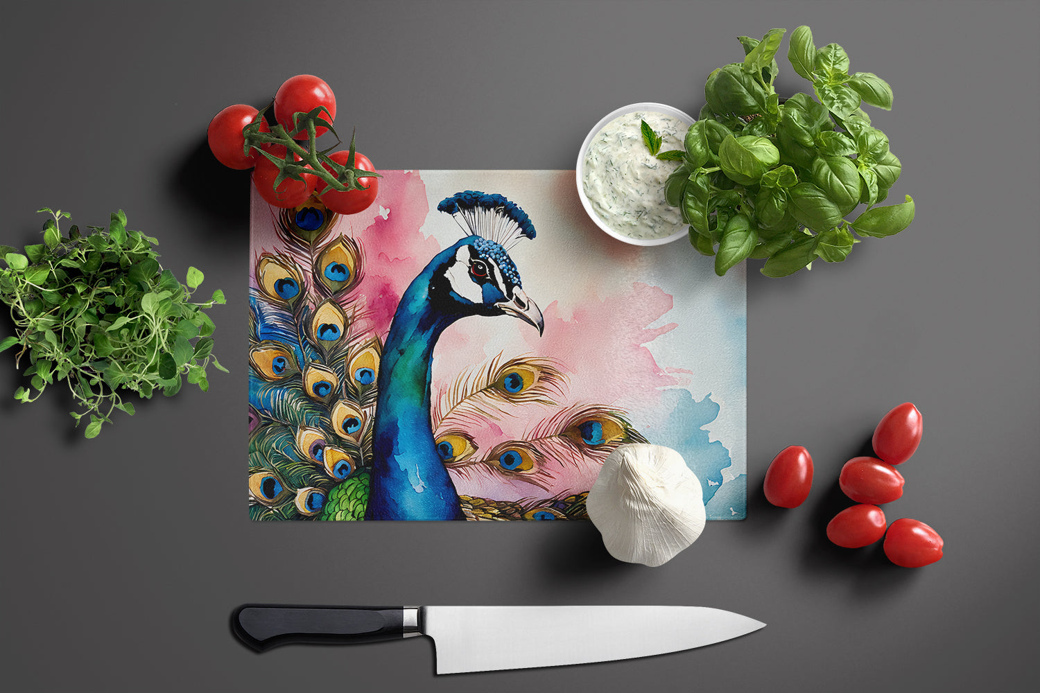 Peacock with Decorative Feathers Cutting Board Tempered Glass Kitchen Cutting Surface, Heat Resistant Chopping, Non-Slip Feet, Food Prep & Serving