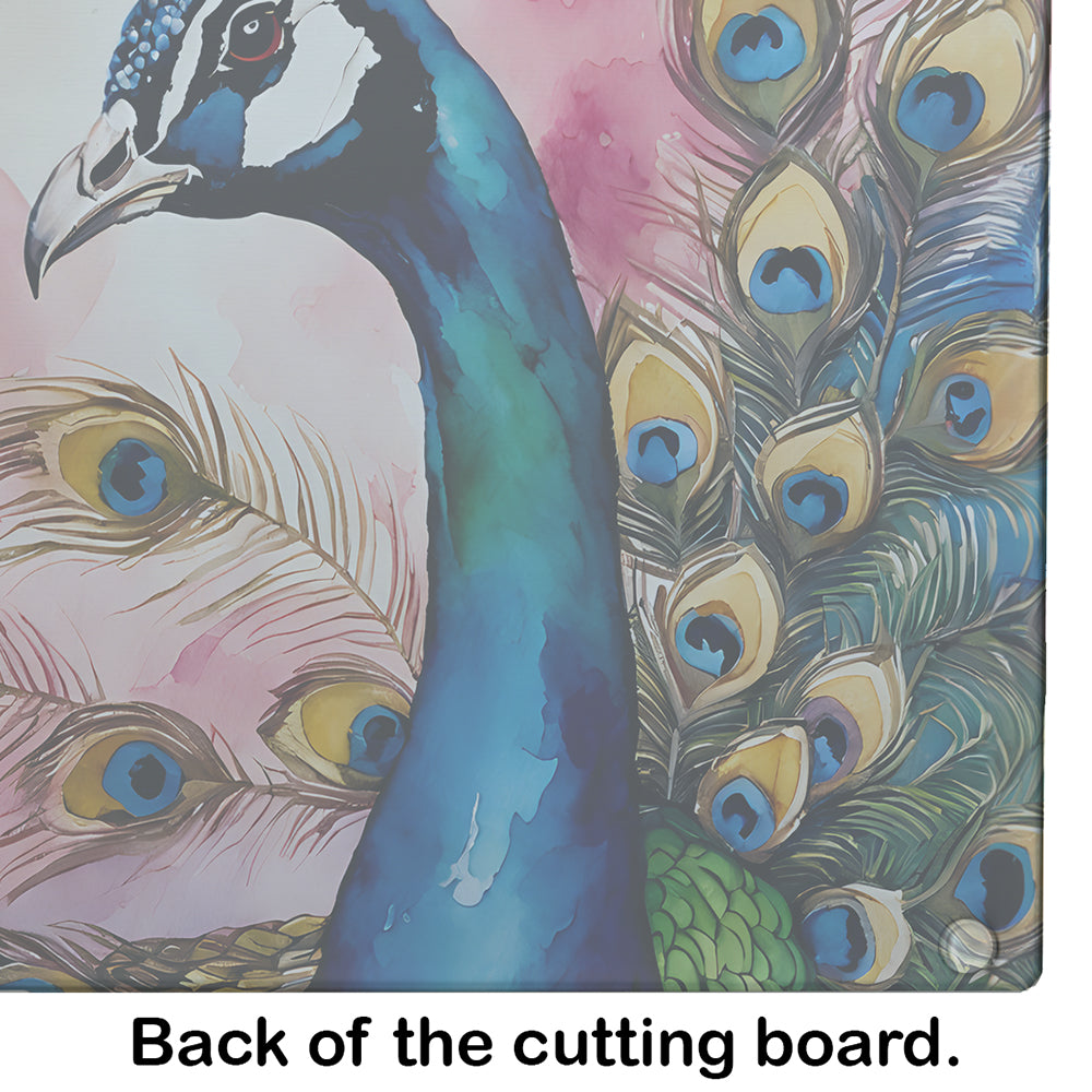 Peacock with Decorative Feathers Cutting Board Tempered Glass Kitchen Cutting Surface, Heat Resistant Chopping, Non-Slip Feet, Food Prep & Serving