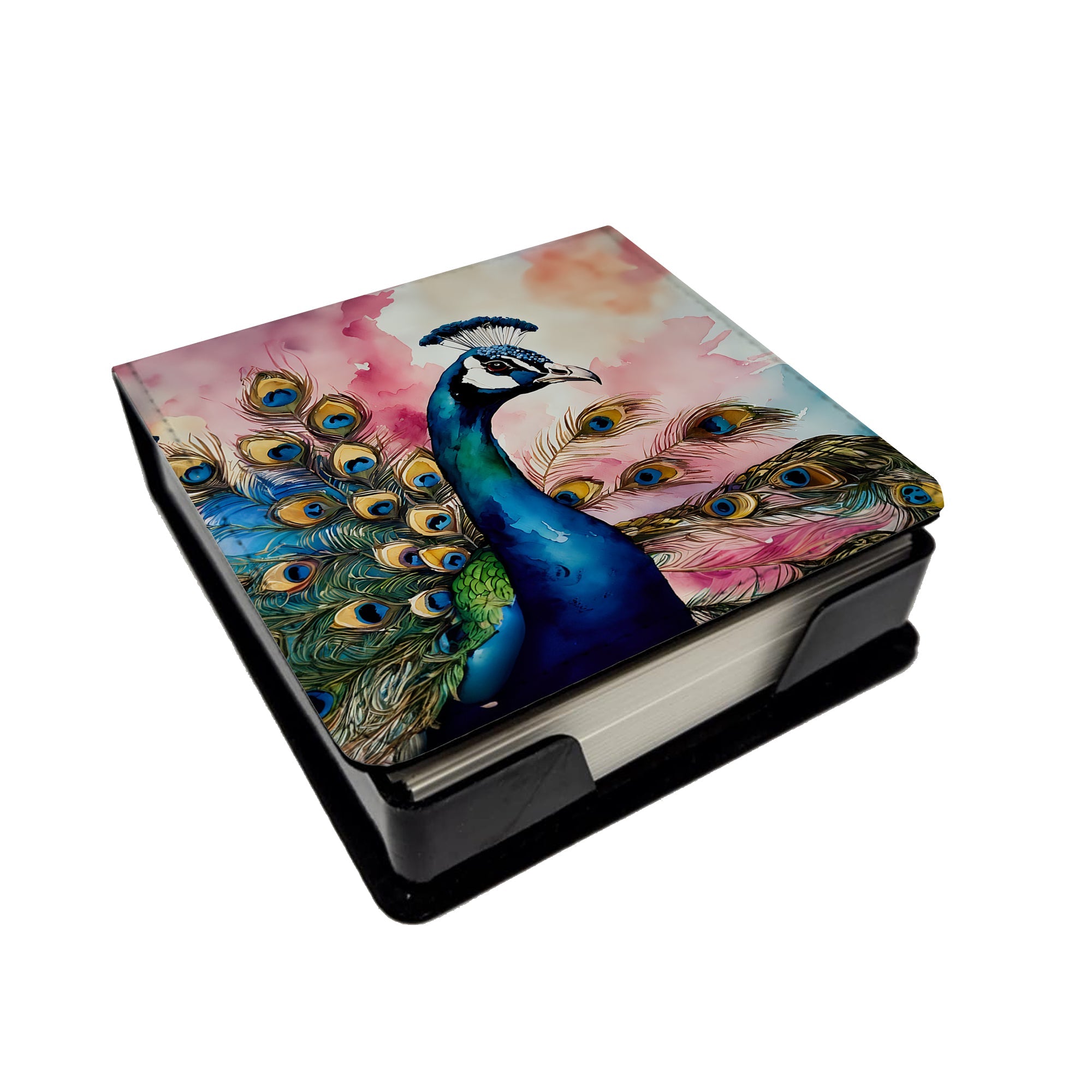 Peacock with Decorative Feathers PU Leather Note Paper Holder with Artist-Designed Cover, Desk Accessory, Office Gift