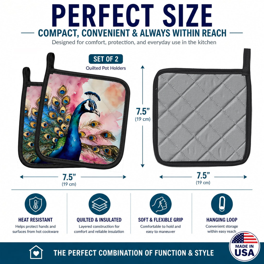 Peacock with Decorative Feathers Pot Holder Set of 2 Heat Resistant Quilted Hot Pads 7.5 x 7.5 Inch, Insulated Kitchen Trivets for Cooking & Baking