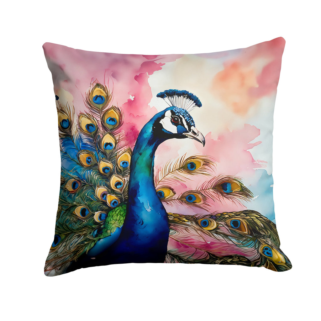 Peacock with Decorative Feathers Decorative Throw Pillow 14x14 Indoor Outdoor Accent Cushion, Fabric Cover with Insert for Sofa, Bed, Porch & Living Room