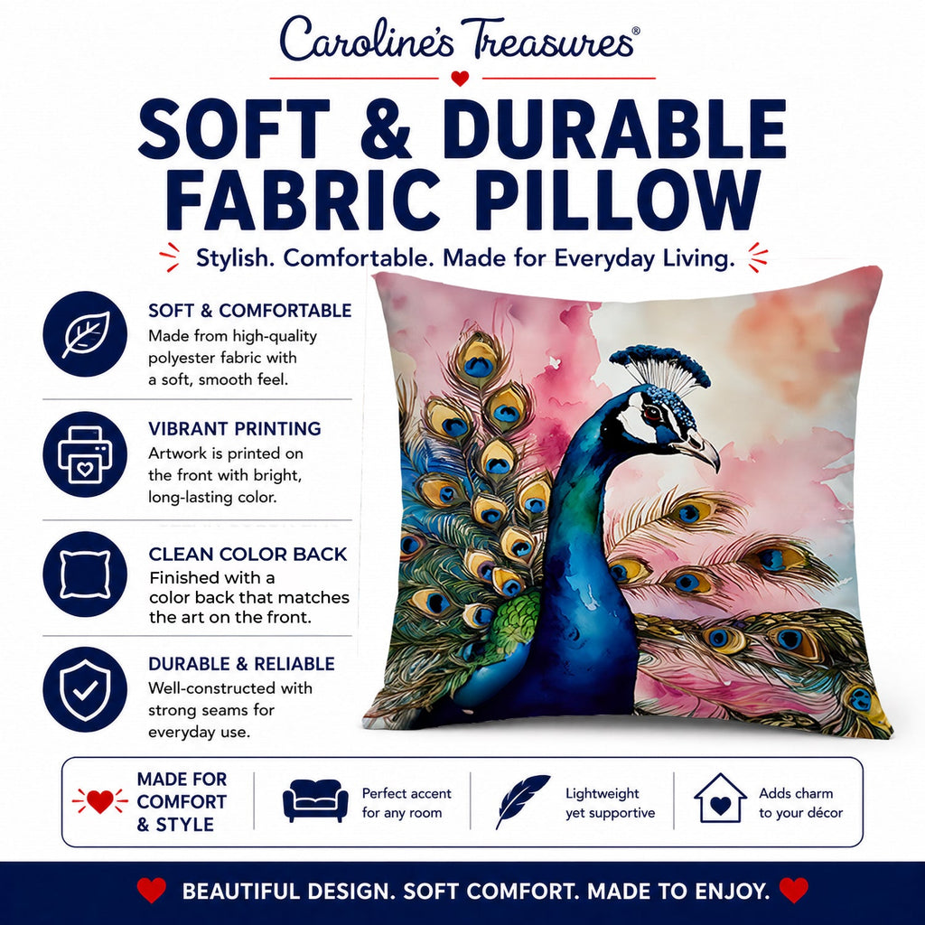 Peacock with Decorative Feathers Decorative Throw Pillow 18x18 Indoor Outdoor Accent Cushion, Fabric Cover with Insert for Sofa, Bed, Porch & Living Room