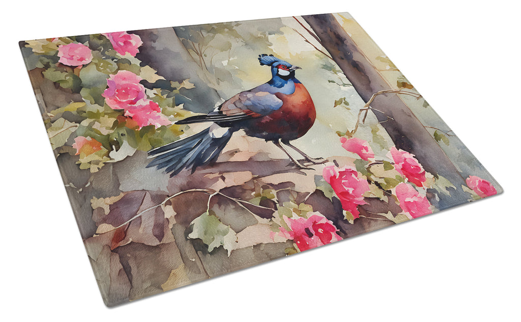 Pheasant Bird in Garden Floral Cutting Board Tempered Glass Kitchen Cutting Surface, Heat Resistant Chopping, Non-Slip Feet, Food Prep & Serving