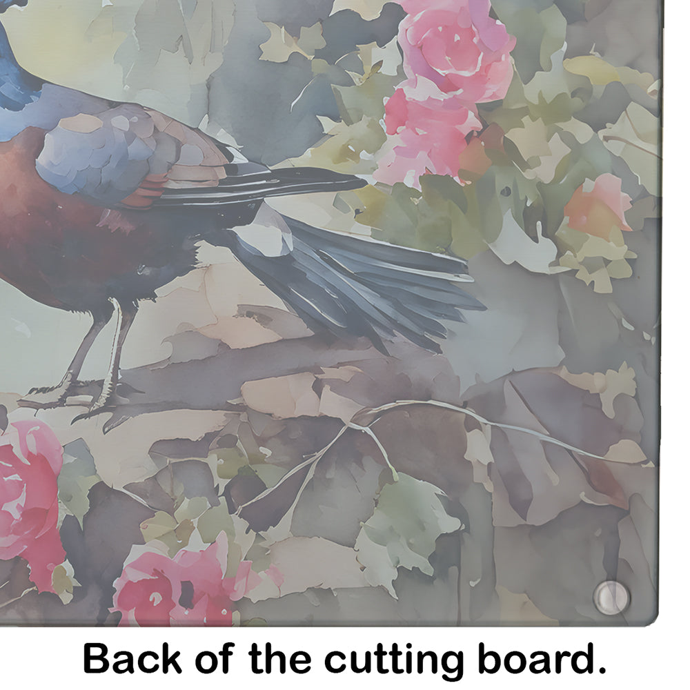 Pheasant Bird in Garden Floral Cutting Board Tempered Glass Kitchen Cutting Surface, Heat Resistant Chopping, Non-Slip Feet, Food Prep & Serving