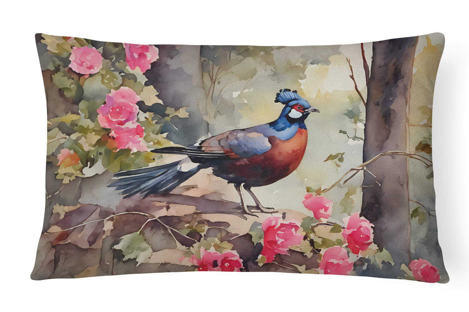 Pheasant Bird in Garden Floral Decorative Throw Pillow 12x16 Indoor Outdoor Accent Cushion, Fabric Cover with Insert for Sofa, Bed, Porch & Living Room
