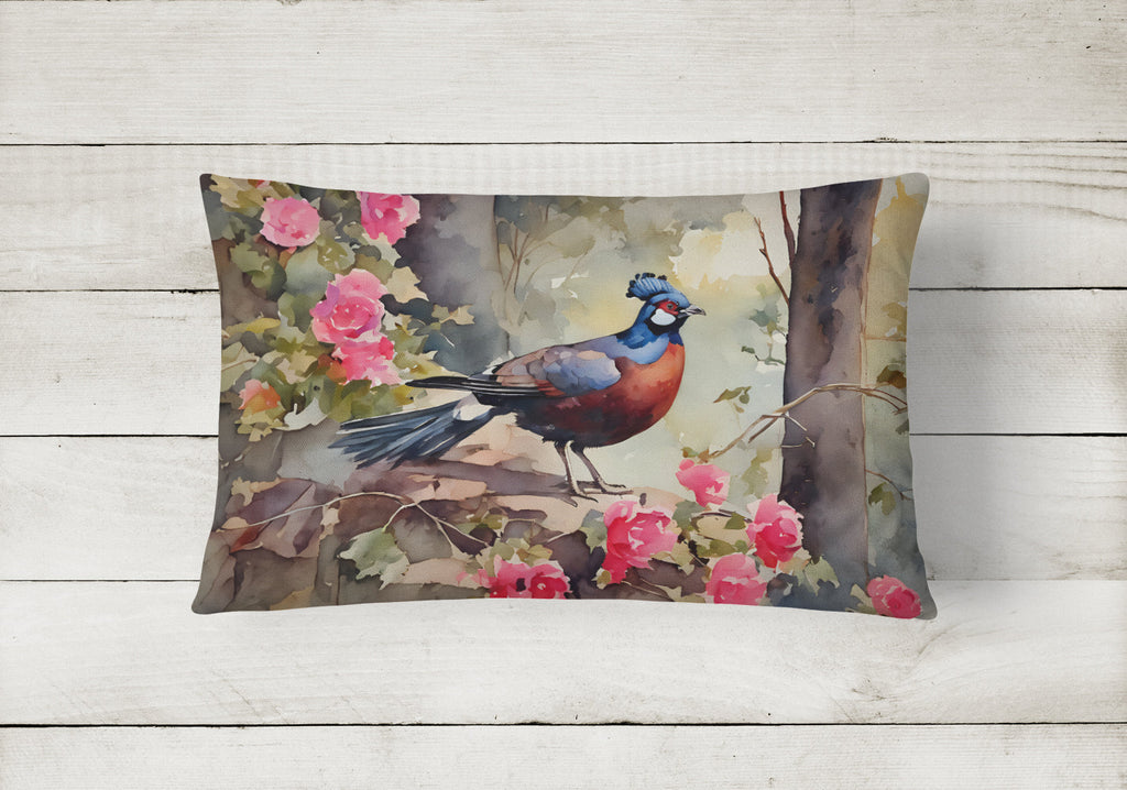 Pheasant Bird in Garden Floral Decorative Throw Pillow 12x16 Indoor Outdoor Accent Cushion, Fabric Cover with Insert for Sofa, Bed, Porch & Living Room