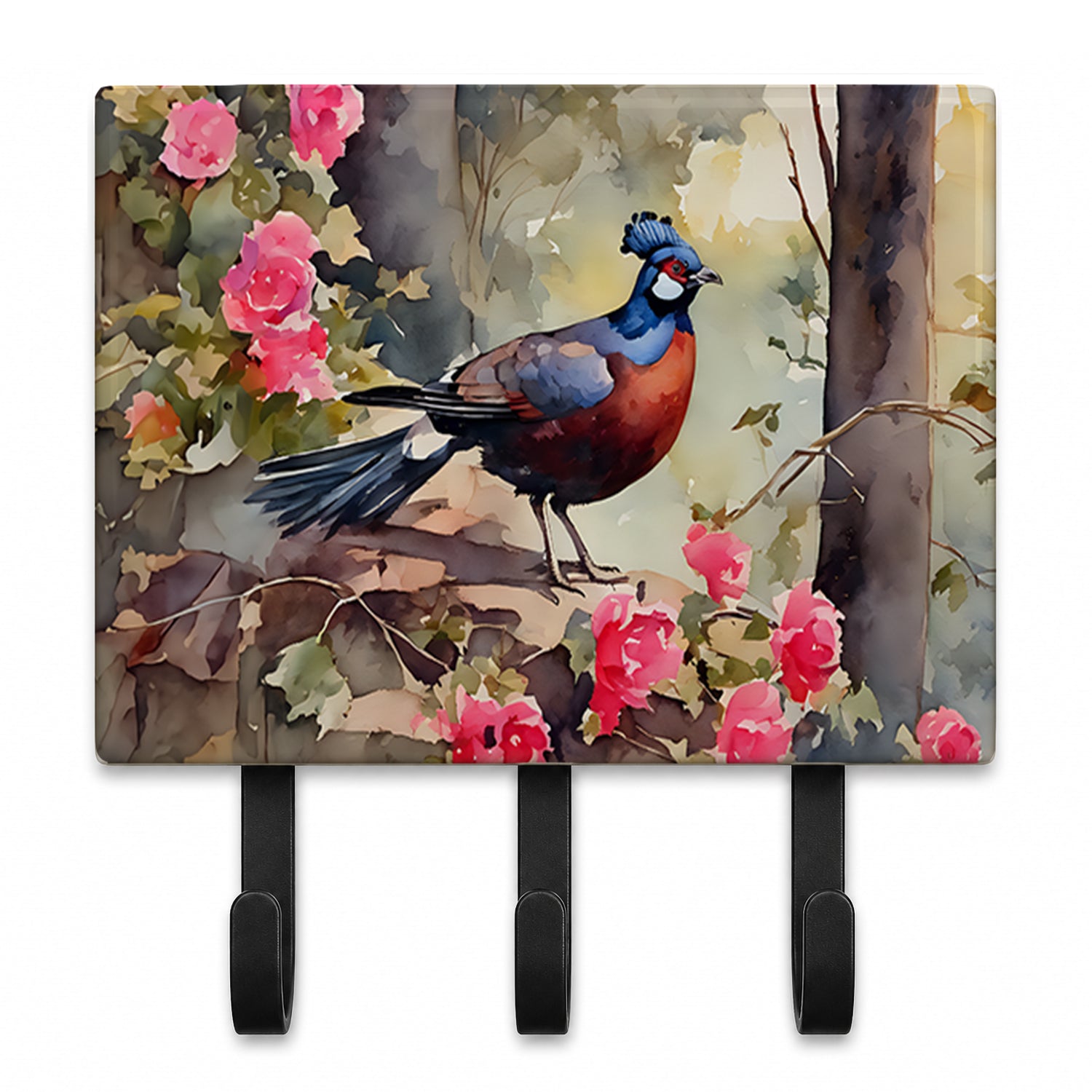 Pheasant Bird in Garden Floral Leash or Key Holder Wall Hooks, Coat Rack Wall Mount, for Hanging Keys, Towels, Aprons, Leashes