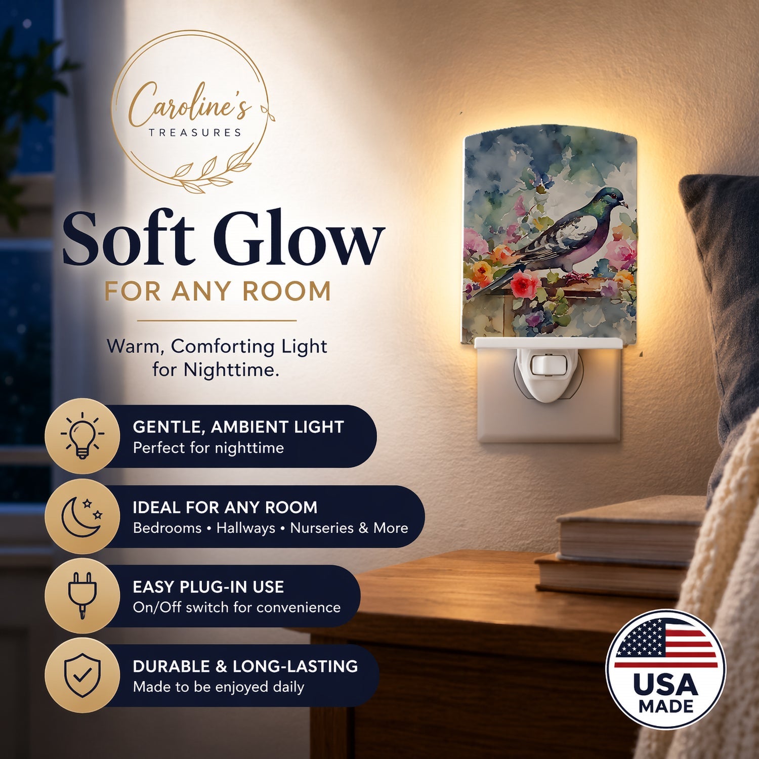 Pigeon Bird with Floral Accents Ceramic Night Light Compact, UL-Certified, Ideal for Bedroom, Bathroom, Nursery, Hallway, Kitchen, 6x4x3, Multicolor