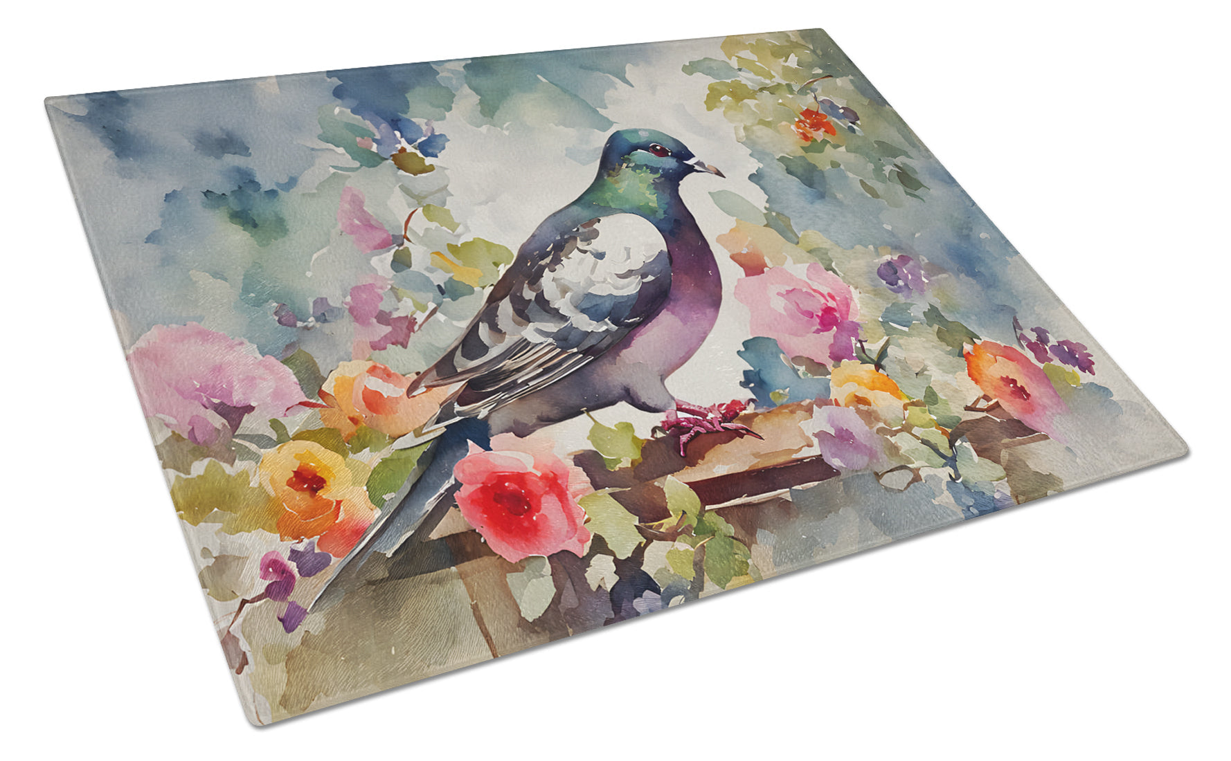 Pigeon Bird with Floral Accents Cutting Board Tempered Glass Kitchen Cutting Surface, Heat Resistant Chopping, Non-Slip Feet, Food Prep & Serving
