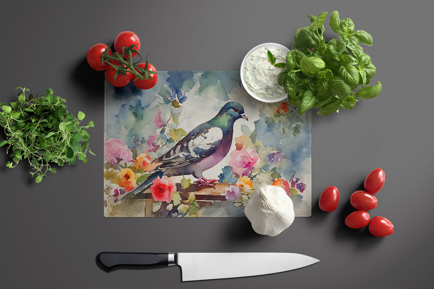 Pigeon Bird with Floral Accents Cutting Board Tempered Glass Kitchen Cutting Surface, Heat Resistant Chopping, Non-Slip Feet, Food Prep & Serving