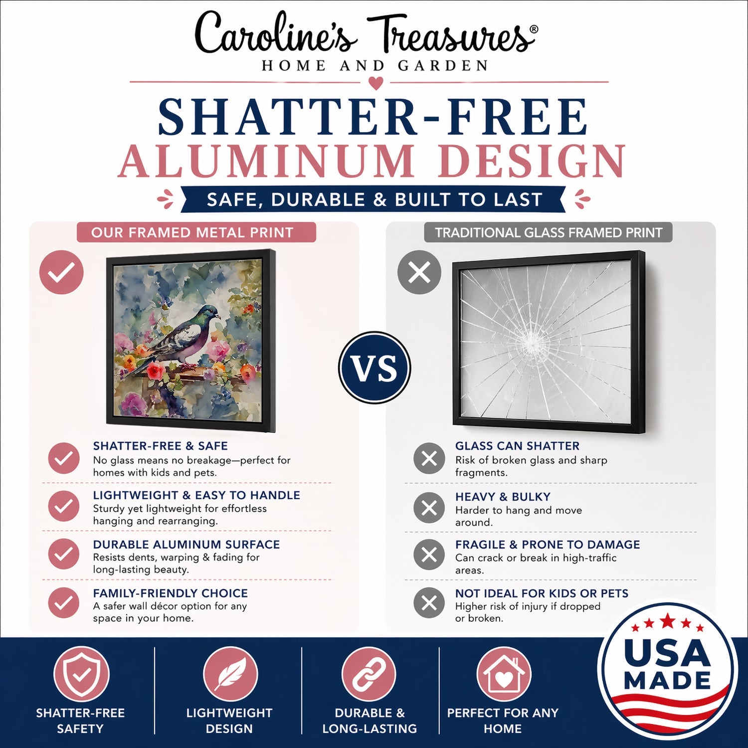 Pigeon Bird with Floral Accents Framed Metal Print Bathroom, Kitchen, Office, Home Decor Wall Art Ready to Hang, Square, 8X8