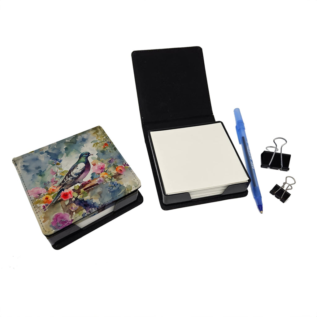 Pigeon Bird with Floral Accents PU Leather Note Paper Holder with Artist-Designed Cover, Desk Accessory, Office Gift