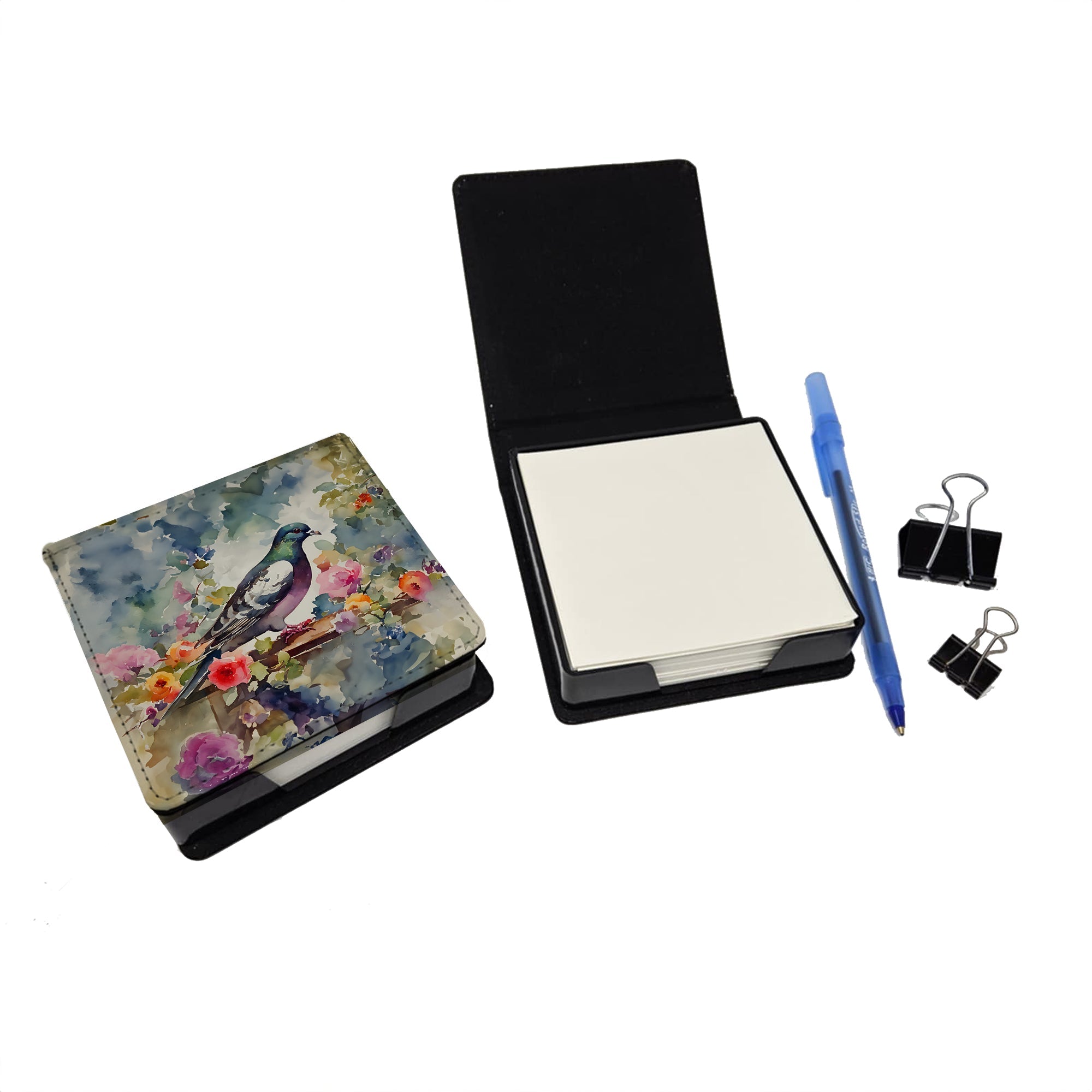 Pigeon Bird with Floral Accents PU Leather Note Paper Holder with Artist-Designed Cover, Desk Accessory, Office Gift