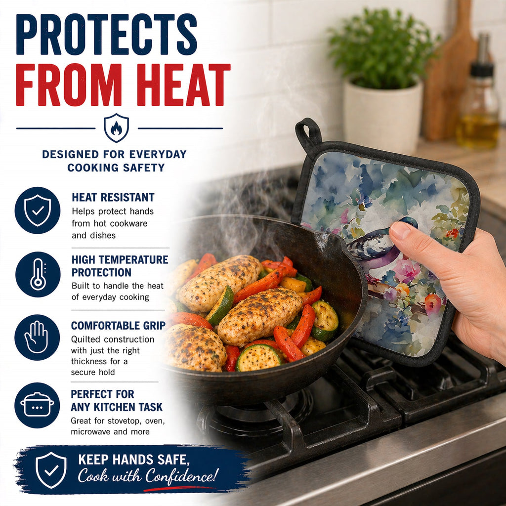Pigeon Bird with Floral Accents Pot Holder Set of 2 Heat Resistant Quilted Hot Pads 7.5 x 7.5 Inch, Insulated Kitchen Trivets for Cooking & Baking