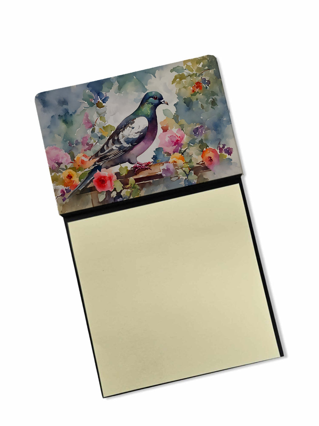 Pigeon Bird with Floral Accents Watercolor Sticky Note Holder Refillable Dispenser Desk Accessory 3x3 Pad Gift