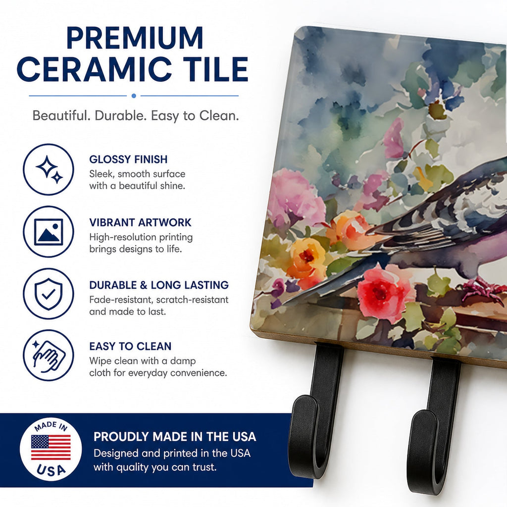 Pigeon Bird with Floral Accents Leash or Key Holder Wall Hooks, Coat Rack Wall Mount, for Hanging Keys, Towels, Aprons, Leashes