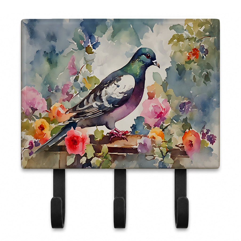 Pigeon Bird with Floral Accents Leash or Key Holder Wall Hooks, Coat Rack Wall Mount, for Hanging Keys, Towels, Aprons, Leashes