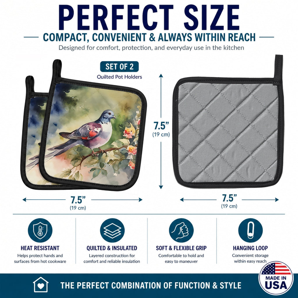 Pigeon Perched with Flowers Pot Holder Set of 2 Heat Resistant Quilted Hot Pads 7.5 x 7.5 Inch, Insulated Kitchen Trivets for Cooking & Baking