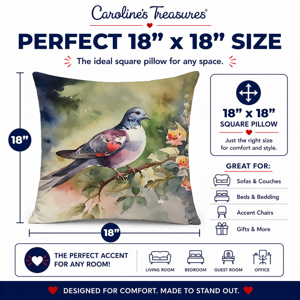 Pigeon Perched with Flowers Decorative Throw Pillow 18x18 Indoor Outdoor Accent Cushion, Fabric Cover with Insert for Sofa, Bed, Porch & Living Room