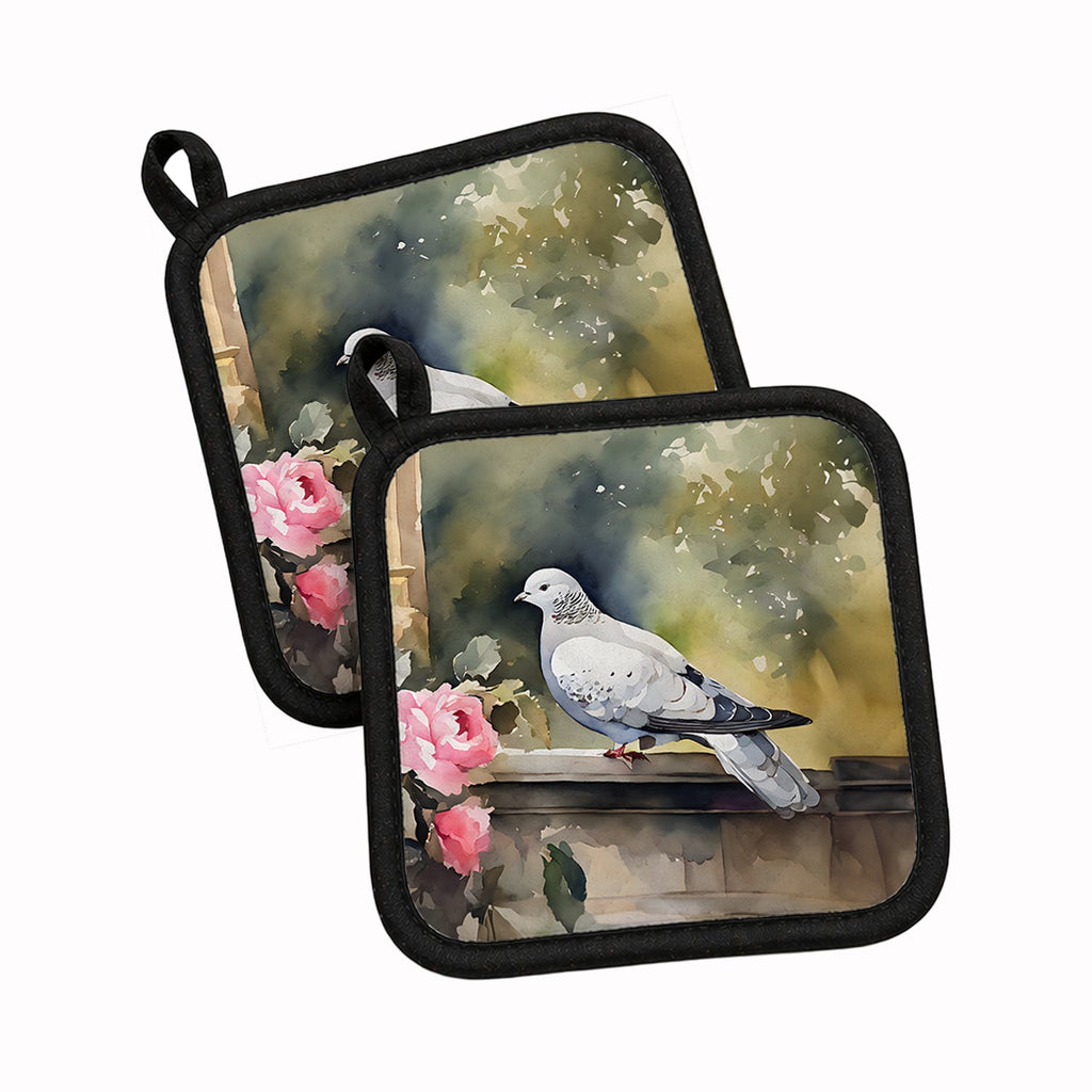 White Dove with Flowers Peaceful Pot Holder Set of 2 Heat Resistant Quilted Hot Pads 7.5 x 7.5 Inch, Insulated Kitchen Trivets for Cooking & Baking