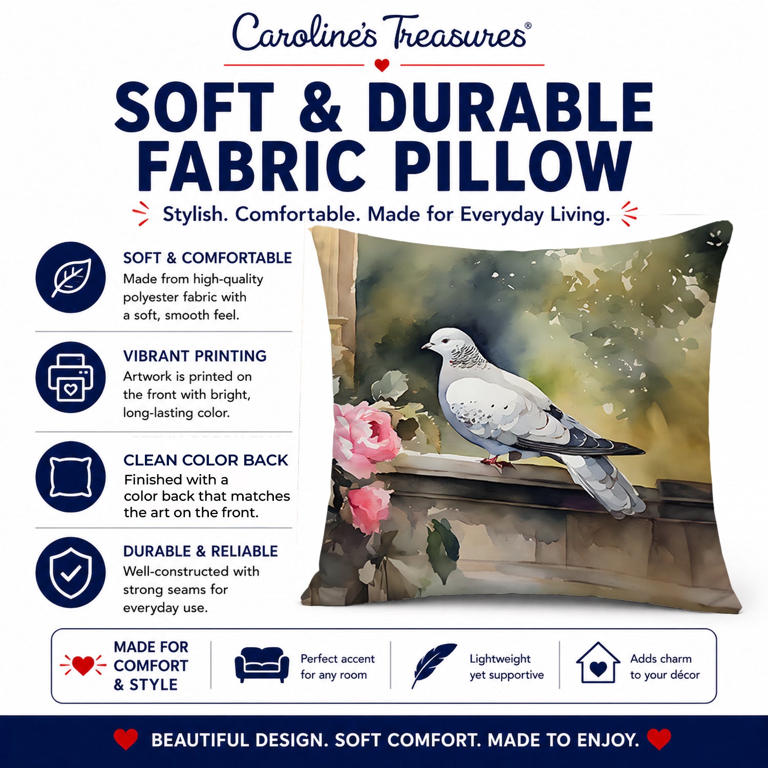White Dove with Flowers Peaceful Decorative Throw Pillow 14x14 Indoor Outdoor Accent Cushion, Fabric Cover with Insert for Sofa, Bed, Porch & Living Room