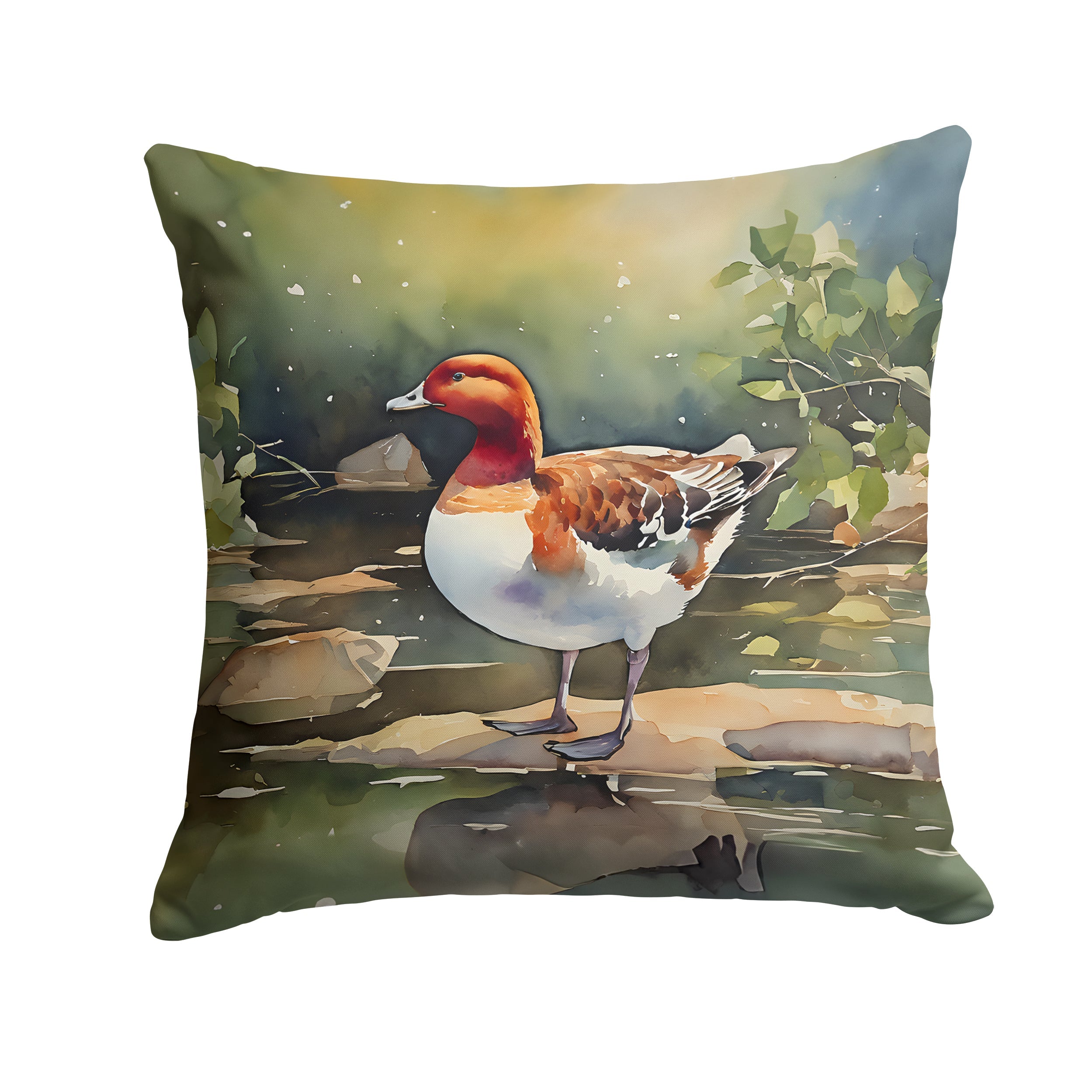 Redhead Duck Standing by Water Decorative Throw Pillow 14x14 Indoor Outdoor Accent Cushion, Fabric Cover with Insert for Sofa, Bed, Porch & Living Room