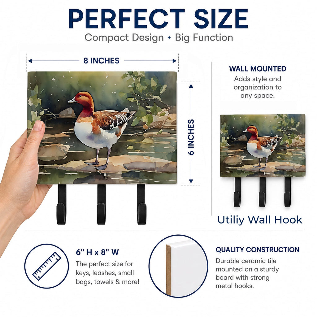 Redhead Duck Standing by Water Leash or Key Holder Wall Hooks, Coat Rack Wall Mount, for Hanging Keys, Towels, Aprons, Leashes