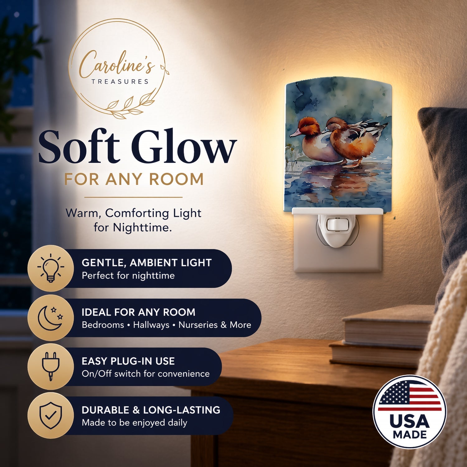 Redhead Duck Pair of Ducks Swimming Ceramic Night Light Compact, UL-Certified, Ideal for Bedroom, Bathroom, Nursery, Hallway, Kitchen, 6x4x3, Multicolor