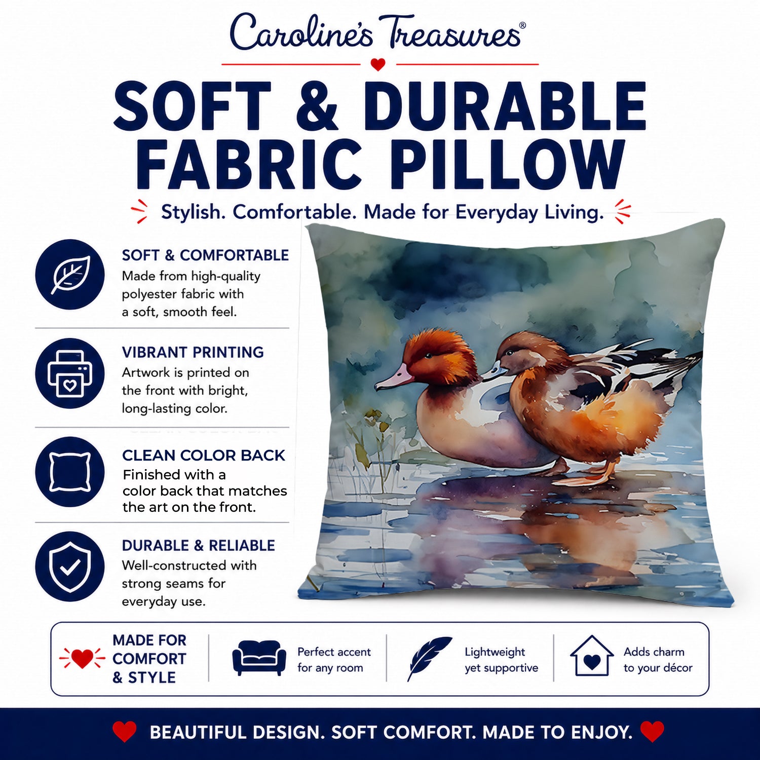 Redhead Duck Pair of Ducks Swimming Decorative Throw Pillow 14x14 Indoor Outdoor Accent Cushion, Fabric Cover with Insert for Sofa, Bed, Porch & Living Room