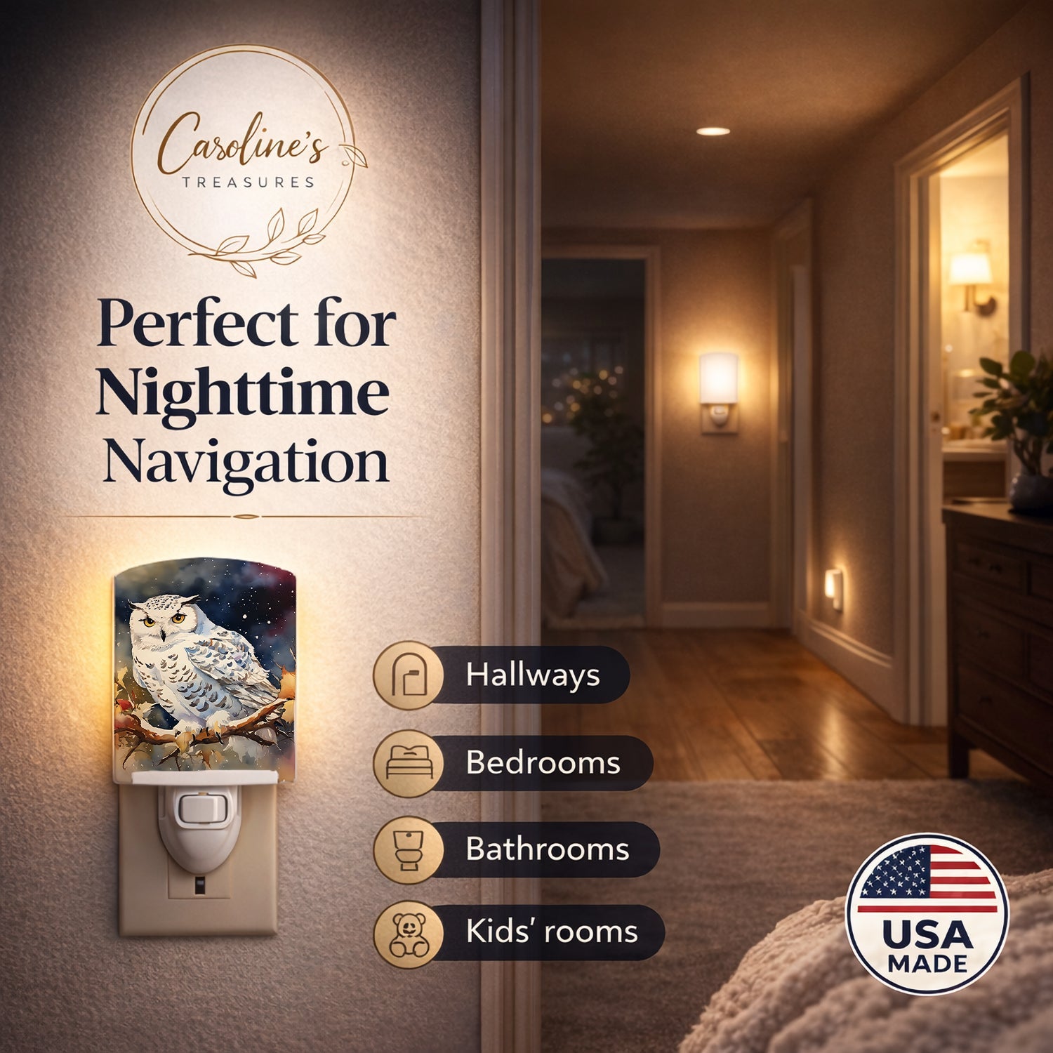 Snowy Owl with Autumn Leaves Ceramic Night Light Compact, UL-Certified, Ideal for Bedroom, Bathroom, Nursery, Hallway, Kitchen, 6x4x3, Multicolor