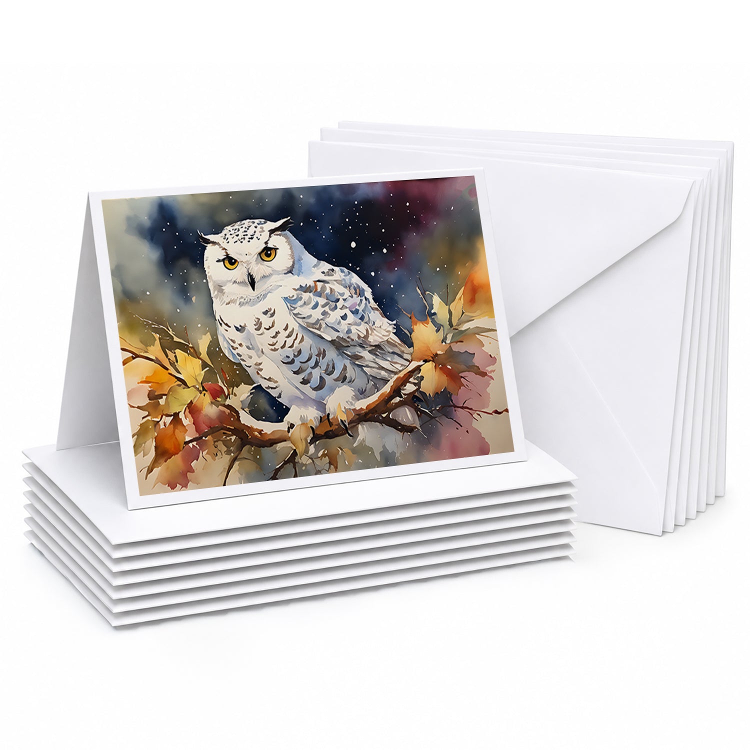 Snowy Owl with Autumn Leaves Greeting Cards Pack of 8 Blank Cards with Envelopes Whimsical A7 Size 5x7