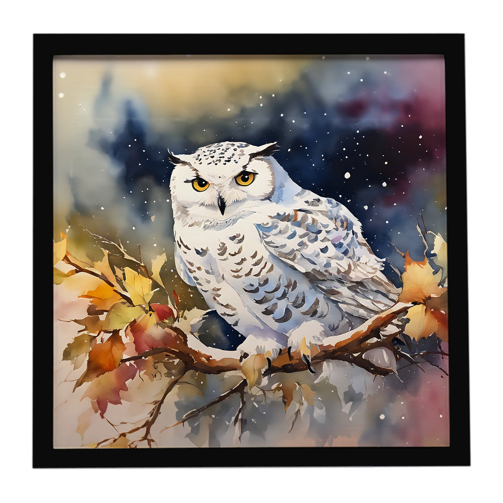 Snowy Owl with Autumn Leaves Framed Metal Print Bathroom, Kitchen, Office, Home Decor Wall Art Ready to Hang, Square, 8X8