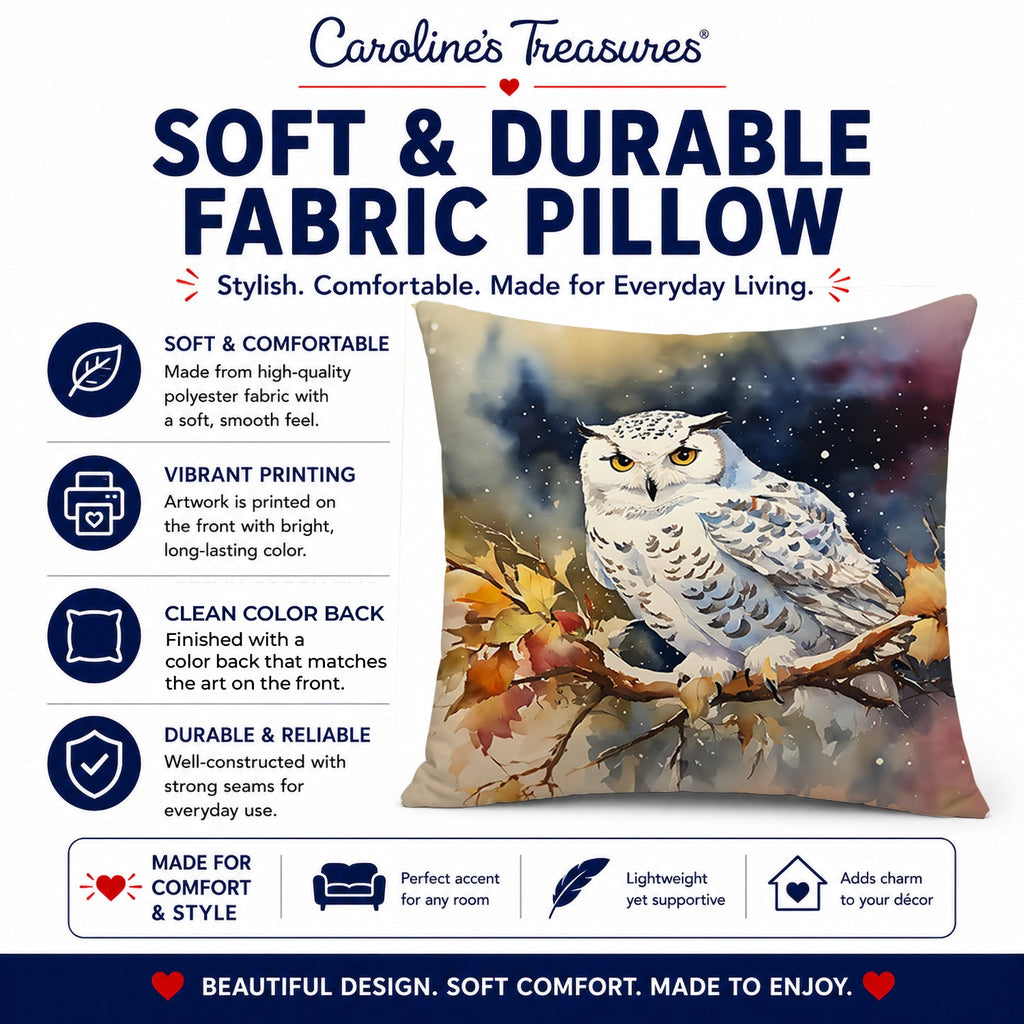 Snowy Owl with Autumn Leaves Decorative Throw Pillow 14x14 Indoor Outdoor Accent Cushion, Fabric Cover with Insert for Sofa, Bed, Porch & Living Room