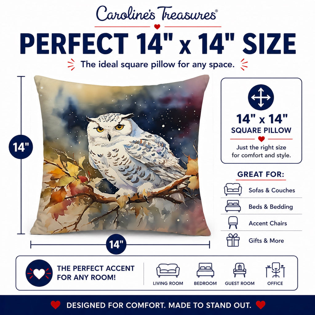 Snowy Owl with Autumn Leaves Decorative Throw Pillow 14x14 Indoor Outdoor Accent Cushion, Fabric Cover with Insert for Sofa, Bed, Porch & Living Room
