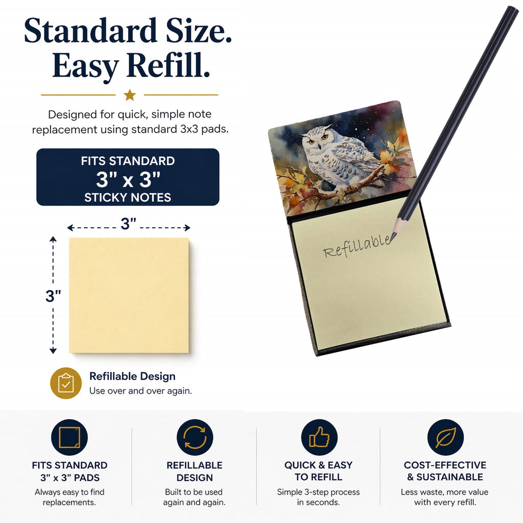 Snowy Owl with Autumn Leaves Watercolor Sticky Note Holder Refillable Dispenser Desk Accessory 3x3 Pad Gift