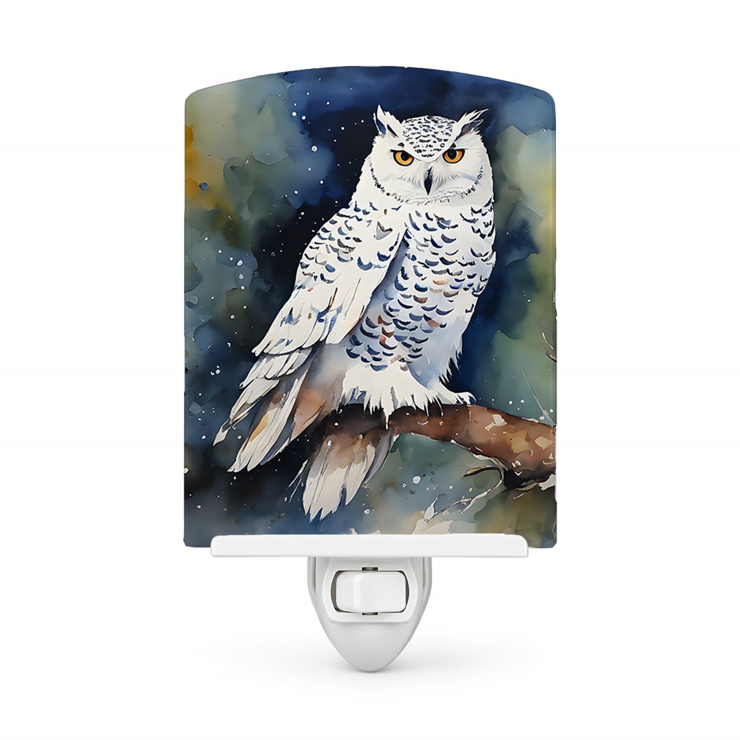 Snowy Owl Night Sky Watercolor Ceramic Night Light Compact, UL-Certified, Ideal for Bedroom, Bathroom, Nursery, Hallway, Kitchen, 6x4x3, Multicolor